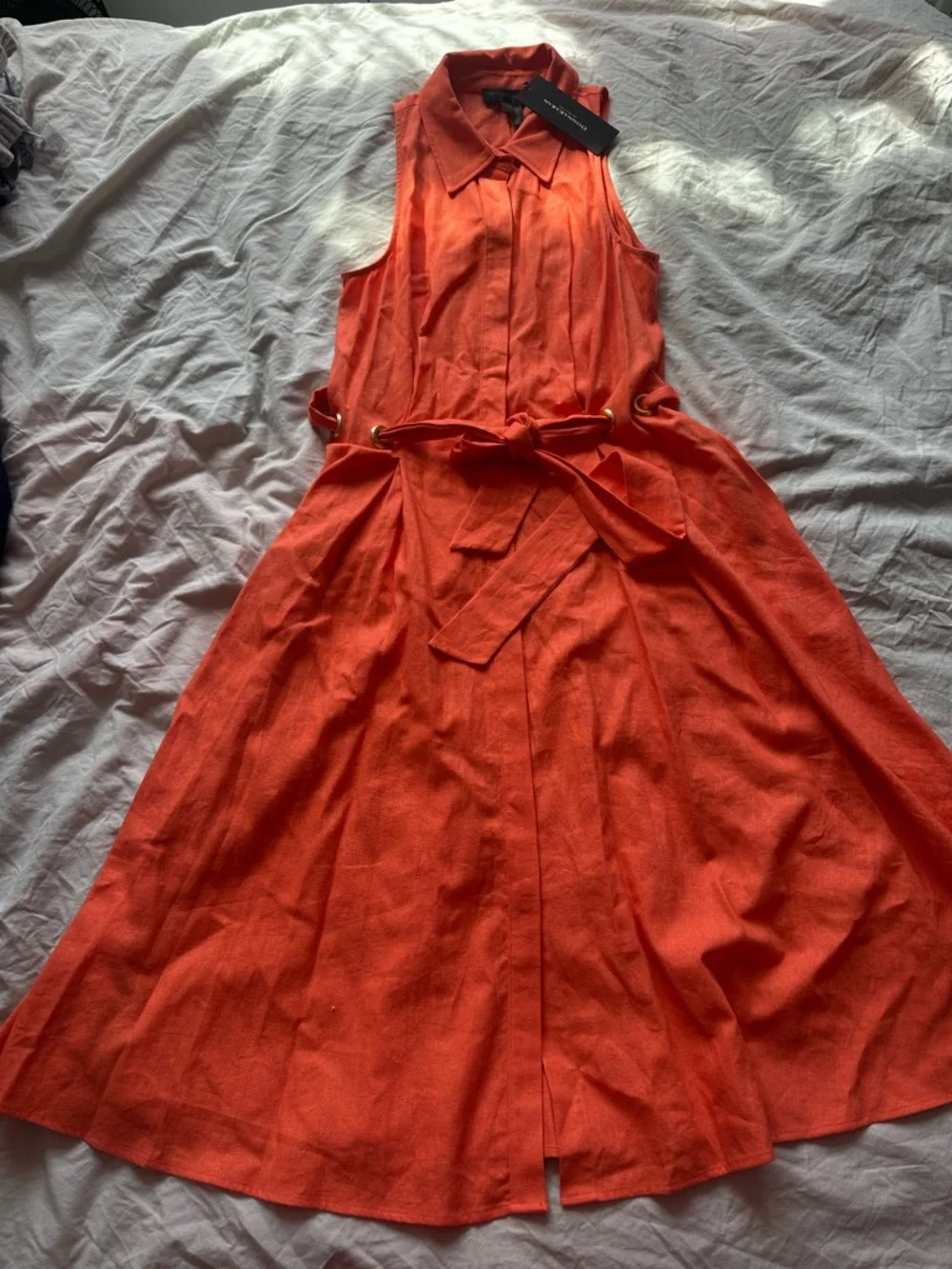 Donna Karan New York Orange Linen Belted Shirt Dress Midi Size 12 - Picture 2 of 15